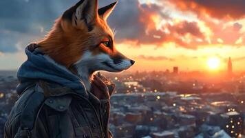 A fox in a hoodie standing on top of a building video