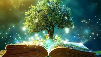 An open book with a tree growing out of it video