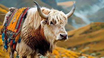 A yak with a colorful blanket on its back standing in a field video