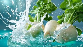 A bunch of turnips being splashed with water video