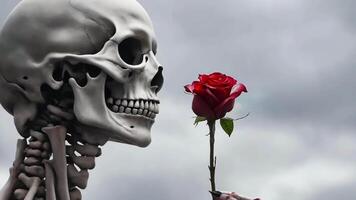 A skeleton holding a red rose in front of a cloudy sky video