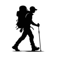 Silhouette of a man with a backpack and walking stick vector
