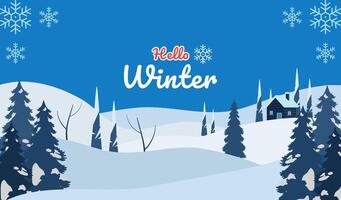 Winter background with house, trees and snowflakes vector