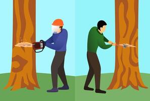 comparison lumberjacks cut down trees in traditional and modern ways, chainsaw workers cutting the tree, cutting the tree with axe vector