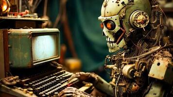 A robot sitting at a desk with a computer video
