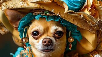 A small chihuahua wearing a blue and gold hat with flowers on it video
