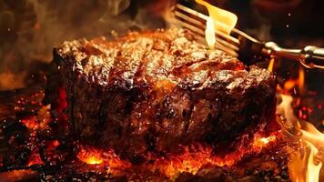 A steak is being cooked on a grill with a fork video