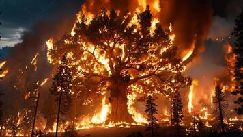 A large tree is engulfed by flames in the middle of a forest video