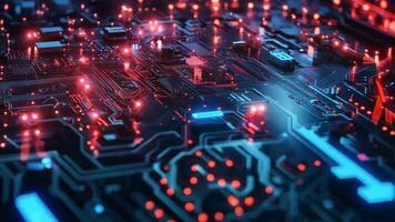A close up of a computer circuit board with red and blue lights video