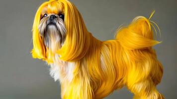 A dog with a yellow wig on its head video