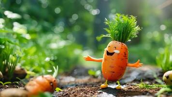 A carrot with a happy face standing in the middle of a garden video