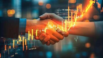 Two people shaking hands in front of a stock market chart video