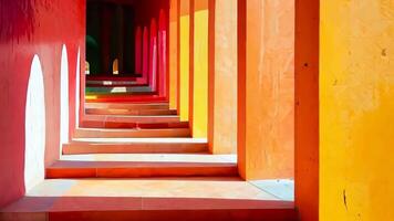 A row of colorful steps leading up to a red and yellow building video