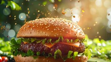 A hamburger with lettuce, tomato and cheese on a bun video