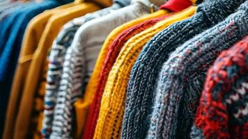 A row of colorful sweaters hanging on a rack in a store video