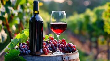 A bottle of red wine and a glass of wine on a barrel with grapes video