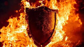 A fire with a shield on fire in the middle of it video