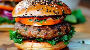A close up of a hamburger with lettuce, tomato and onion on a bun video