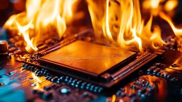uma computador placa mãe em fogo com uma CPU em topo do isto video