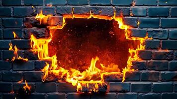 A brick wall with a hole in it that is engulfed in flames video