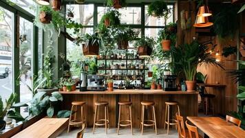 A bar with wooden tables and chairs in front of a window video