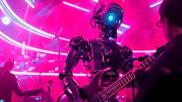 A robot playing a bass guitar in front of a crowd video