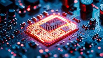 A close up of a computer motherboard with a red light on it video