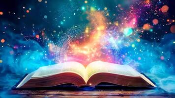 An open book with a glowing light coming out of it video