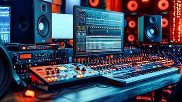 A desk with a keyboard, monitors, speakers, and a keyboard on it video