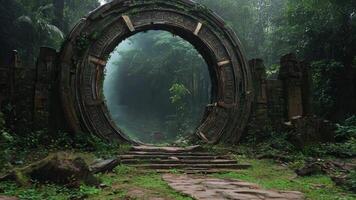 A stone archway in the middle of a lush green forest video