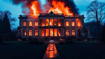 A large building on fire in the middle of a field video