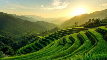 A view of a green rice field with mountains in the background video