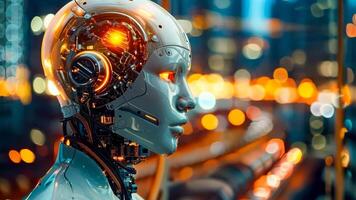 A robot head with a cityscape in the background video