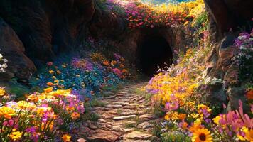 A tunnel of flowers in the middle of a rocky path video