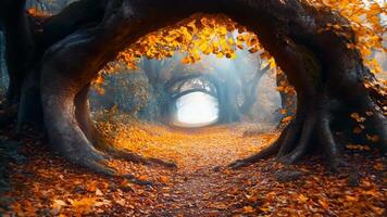 A tunnel in the middle of a forest filled with leaves video