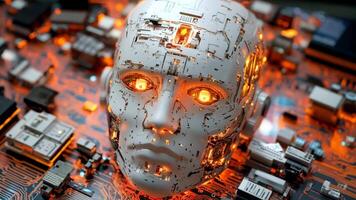 A close up of a robot head on top of a circuit board video