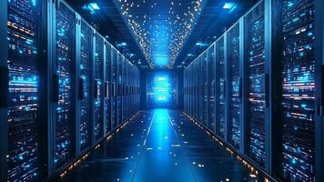 A long hallway in a server room filled with rows of servers video