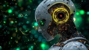A robot head with glowing eyes in the middle of a green background video