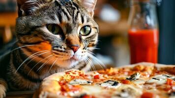 A cat sitting at a table with a pizza and a bottle of ketchup video