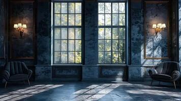A dark room with two chairs in front of a large window video