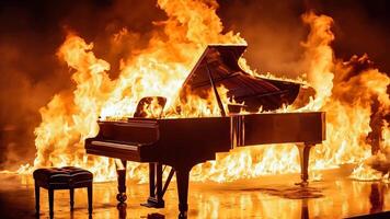 A piano on fire with a stool in front of it video