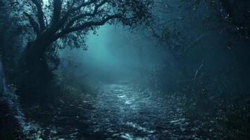A dark forest with a path in the middle of it video