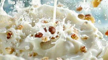 A close up of a splash of milk with nuts on top of it video