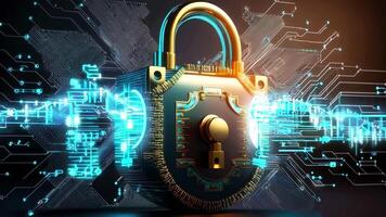 A padlock on a circuit board with a circuit diagram in the background video