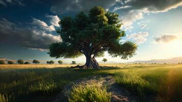 A lone tree in the middle of a grassy field under a cloudy sky video