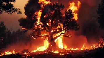 A large tree is engulfed by flames in the middle of a forest video