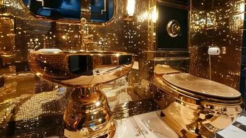 A bathroom with a gold toilet and sink in it video