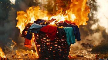 A basket full of clothes on fire in the middle of a field video