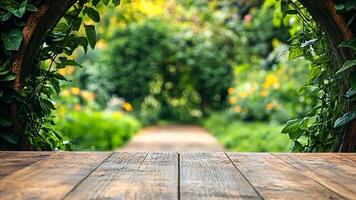 A wooden table in the middle of a lush green garden video