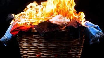 A basket full of clothes on fire with a black background video